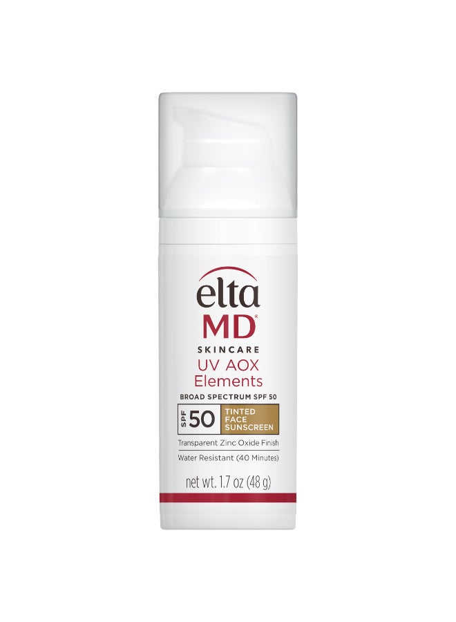 UV AOX Elements Tinted SPF 50 Mineral Facial Sunscreen (2.0 Oz) – Antioxidant UV Protection for Sensitive Skin, with Zinc Oxide & Vitamin E, Hydrating Tinted Formula