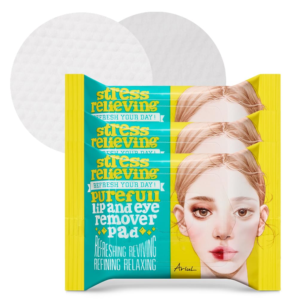 Ariul Stress Relieving Purefull Lip & Eye Remover Pads â€“ Gently Removes Stubborn Makeup, Hydrating & Soothing Formula, Korean Skin Care with Natural Ingredients, 30 Counts x 3 Packs