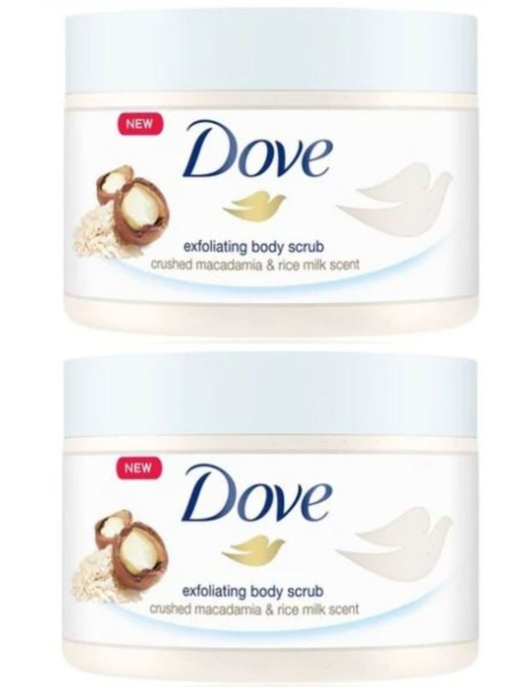 Dove Exfoliating Body Polish Scrub,Macadamia & Rice Milk,with ¼ moisturising cream, 225ml 2PC