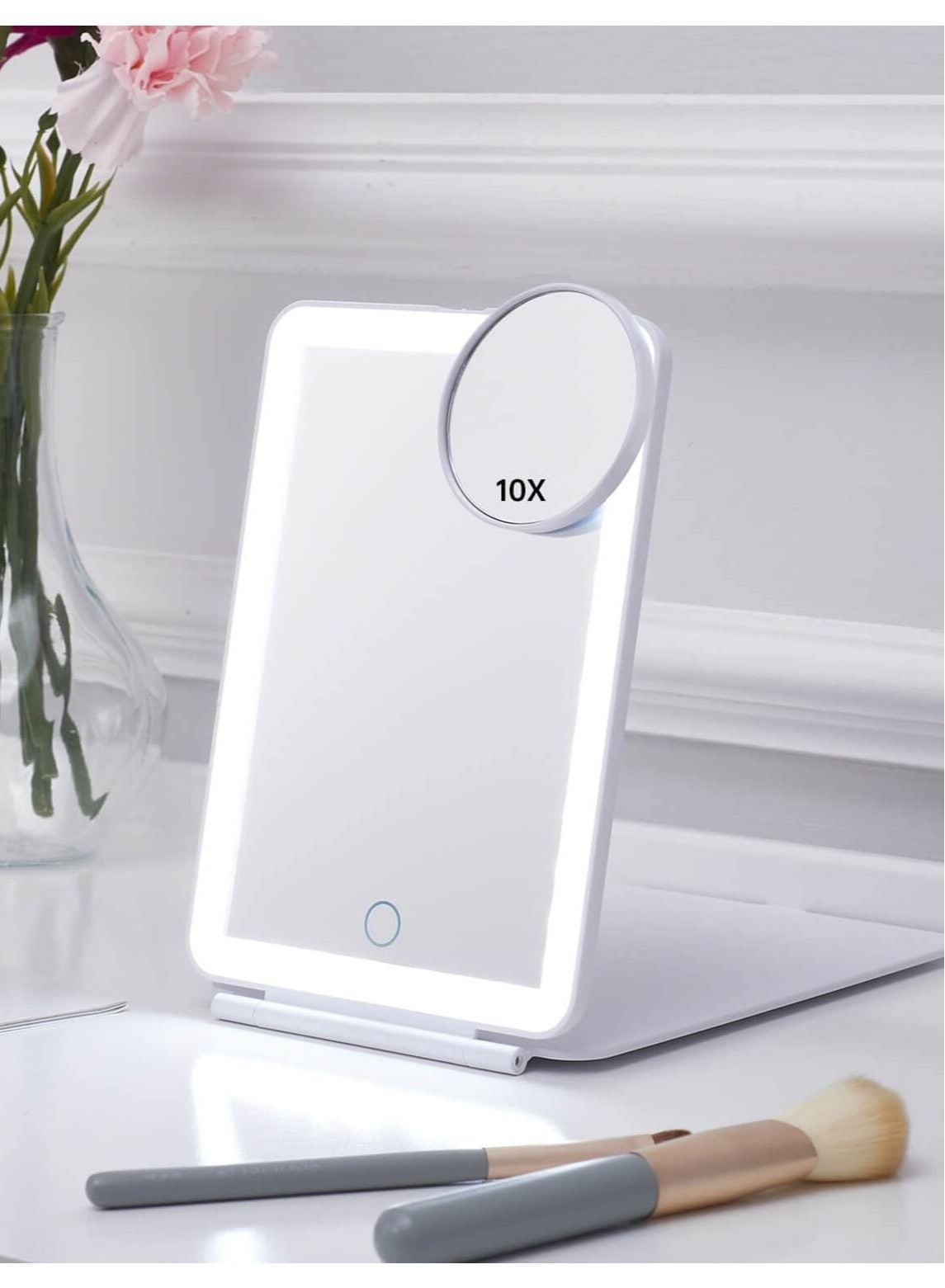 LED Foldable Travel Makeup Mirror - 5x7 inches 3 Colors Light Modes USB Rechargeable Touch Screen, Portable Tabletop Cosmetic Mirror Perfect for Travel, Makeup & Beauty Needs, Office (White)