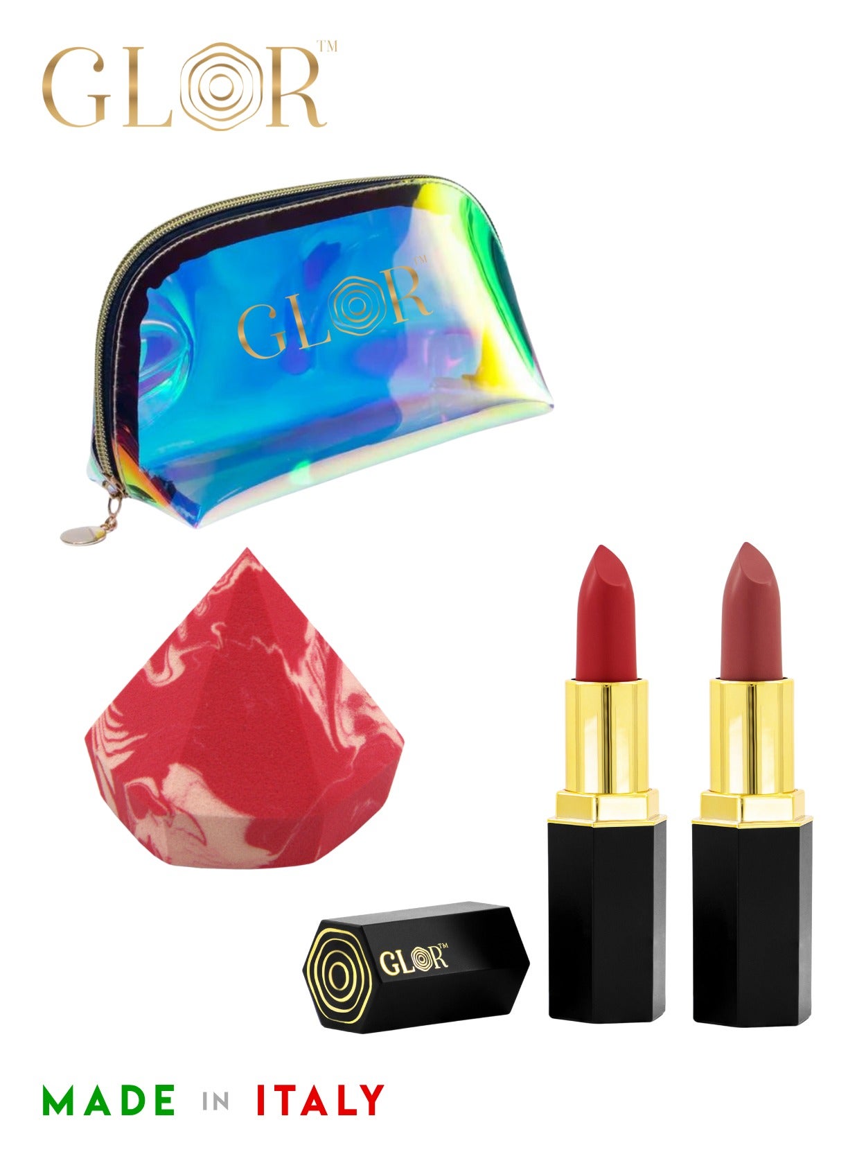 Glor Endless Charm Lipstick– Intense Long-Lasting Color, Luxurious Moisture, Ultra-Creamy Formula for Beautiful Lips-Raspberry Range + Voila + 1 Beauty Blender + 1 Cosmetic Bag