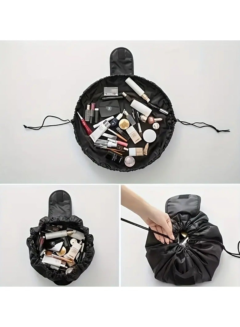 Lazy Drawstring Makeup Bag,Large Capacity Travel Cosmetic Bag, Portable Storage Makeup  Organizer,Travel Daily Use Cosmetic Pouch, Toiletry Bag For Women, Black