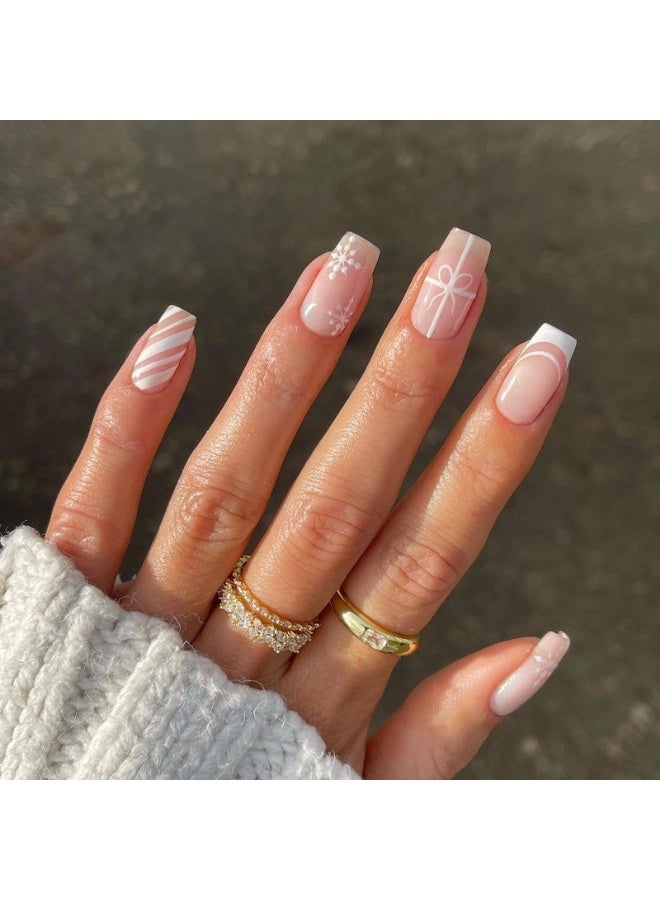 Christmas Gift Style French Press On Nails with White Lines & Snowflake Patterns Glossy Finish Natural Fit Eco-Friendly ABS Material One-Minute Salon Result Reusable Nail Art Set