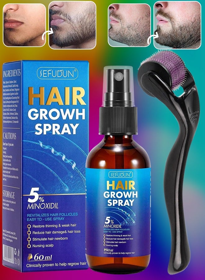 60Ml Hair Growth Spray with Roller 5% Minoxidil Beard Growth Oil with Biotin and Collagen Stronger Thicker Smoother and Healthier Beard Growth Serum Beard Loss regrowth Treatment Beard Growth Spray for Men