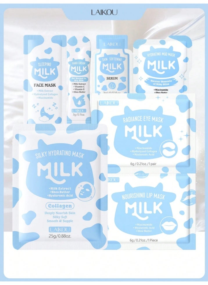 7Pcs Nourishing Skincare Set with Milk Formula - Brightening Sleep Facial Mask, Hand Cream, Essence, Moisturizing Anti-Wrinkle Serum