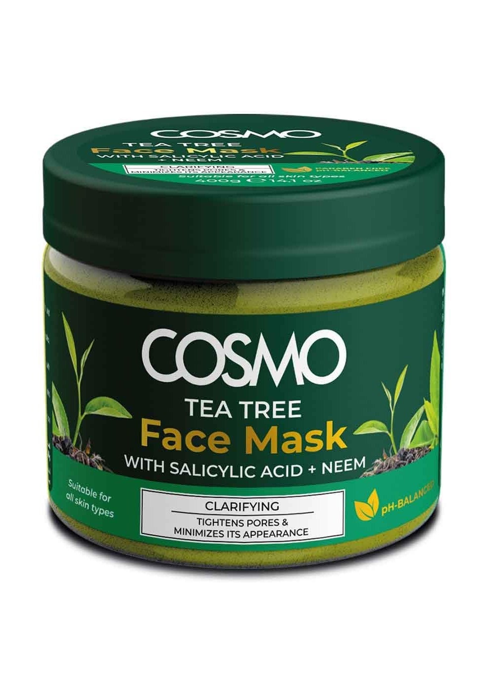Cosmo Clarifying Tea Tree Face Mask 400g, Skin Firming, Deep Cleansing, Paraben Free, Tightens the Skin, Making It Look Firmer, Healthier and Daily Use.