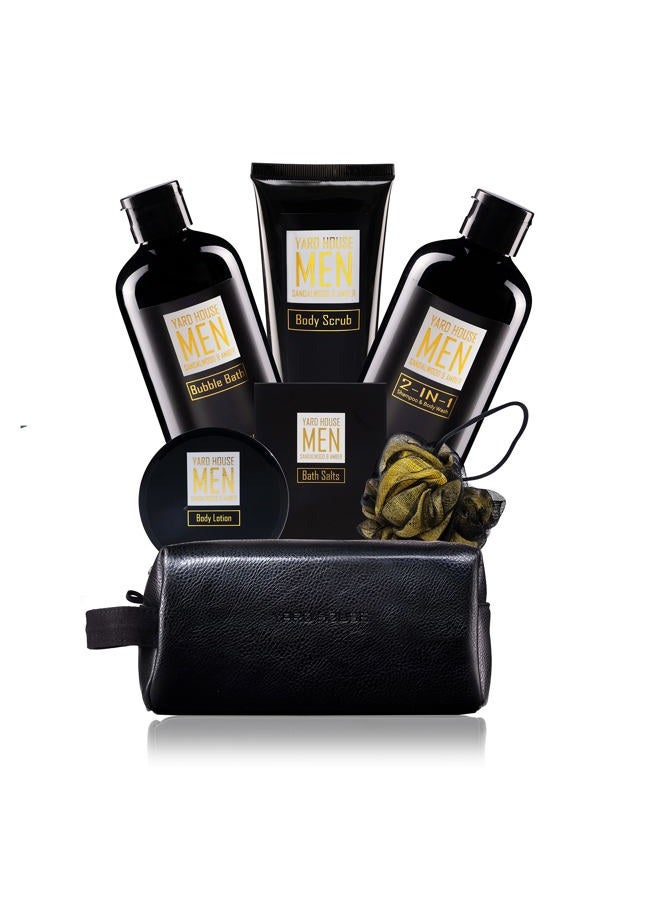 YARD HOUSE Bath and Body Spa Gift Baskets Set for Men - Sandalwood Amber - 7Pc Spa Kit w. Full Size Items in Leather Toiletry Bag - Fathers Day Birthday Gifts For Husband, Dad From Wife, Daughter Son