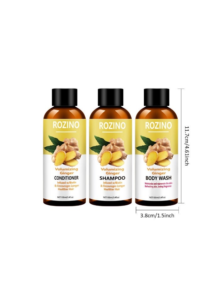 ROZINO Ginger Hair Care Set - 3pcs, Moisturizing & Strengthening for All Hair Types, Includes Shampoo, Conditioner, Body Wash & Essential Oil, Ginger Shampoo