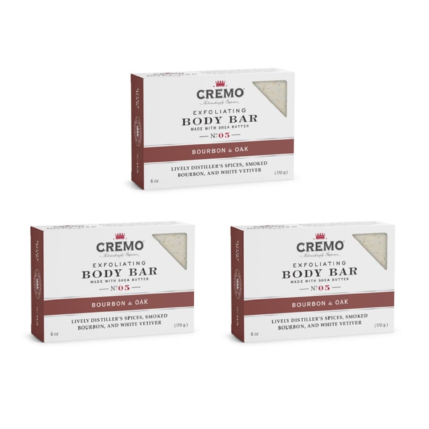 Cremo Bourbon & Oak Exfoliating Body Bars (3-Pack) - A Sophisticated Blend of Distillerâ€™s Spice, Fine Bourbon and White Oak