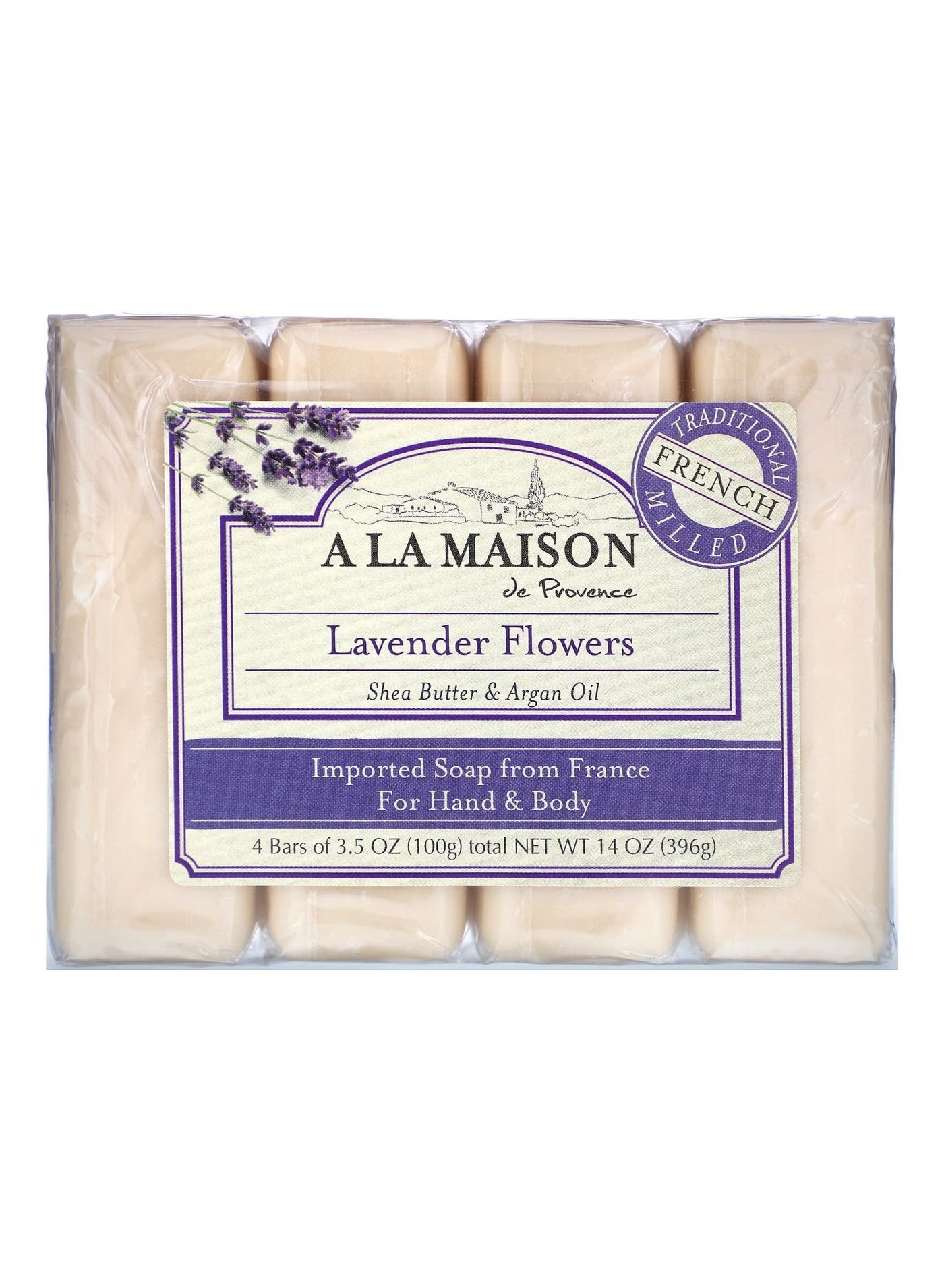 Hand & Body Bar Soap Lavender Flowers 4 Bars 3.5 oz 100 g Each