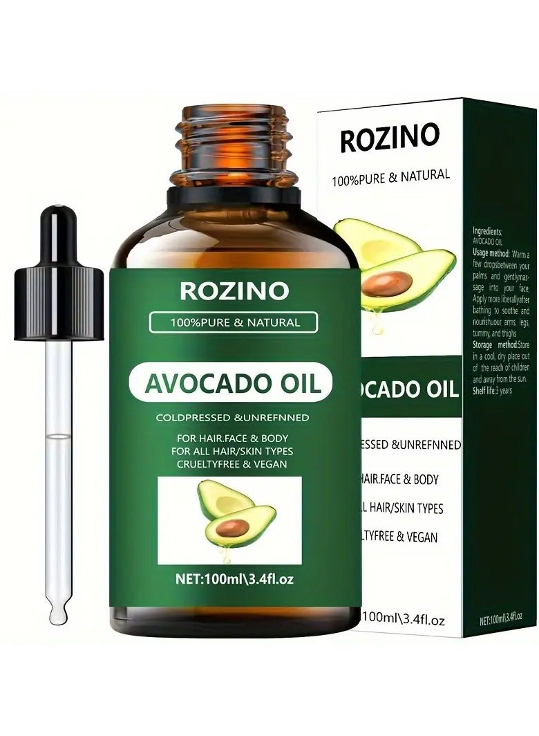 ROZINO 100ml Avocado Essential Oil - Pure Plant-Based, Hypoallergenic for All Skin Types - Ideal for Massage, Shower, Facial & Body Care, Nail & Hair Enhancement, Eyelash Care