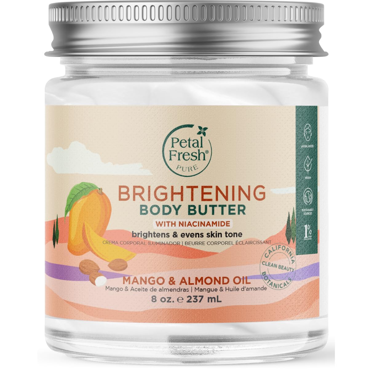 Petal Fresh Pure Brightening Mango & Almond Oil Body Butter with Niacinamide, Shea Butter, Promotes Collagen, For All Skin Types, Vegan and Cruelty Free, Non-Greasy, 8 oz â€“ MADE IN USA