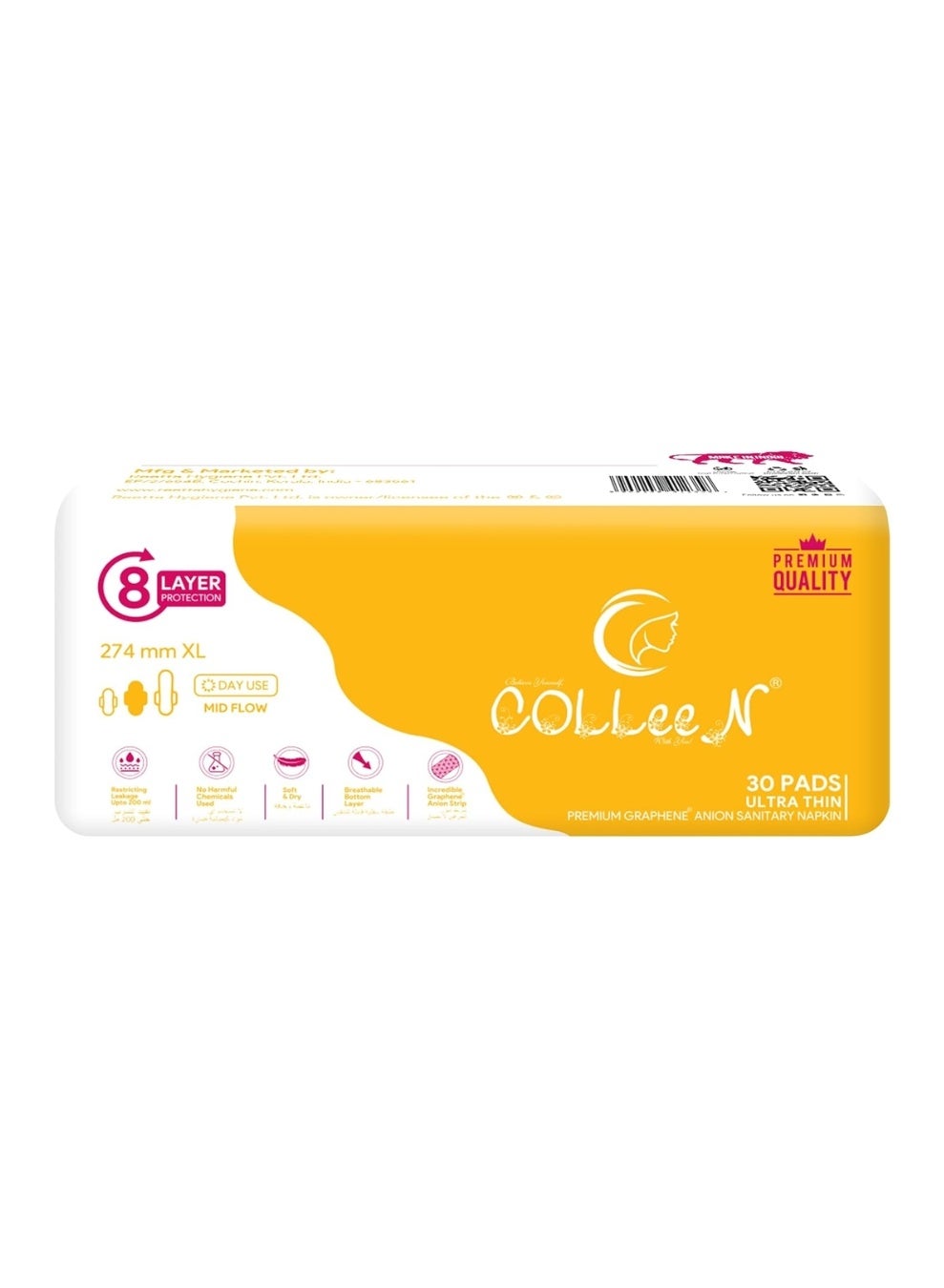 Colleen Premium Graphene Anion Sanitary Napkins Xl 274 Mm ||30 Pad- Pack| Breathablesanitary Pads ||Day Uset Use