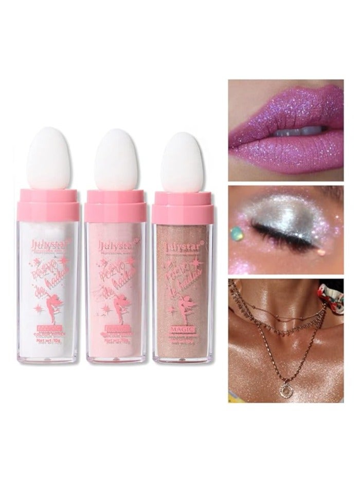 3PCS Polvo De Hadas, Body Glitter,Body Brightens Three-Dimensional Natural Face Blusher Fairy Highlight Patting Powder