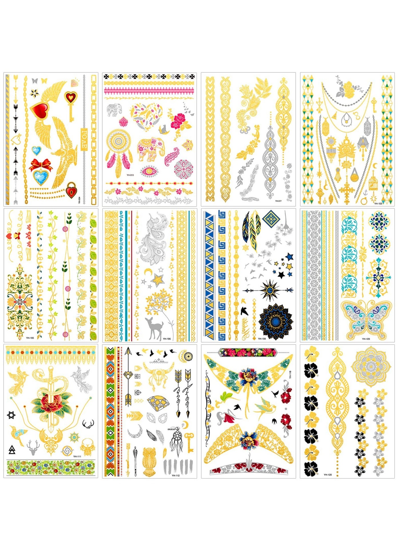 Metallic Temporary Tattoos For Girls and Women, Gold Sliver Glitter Design Fake Tattoo, (12 Sheets)
