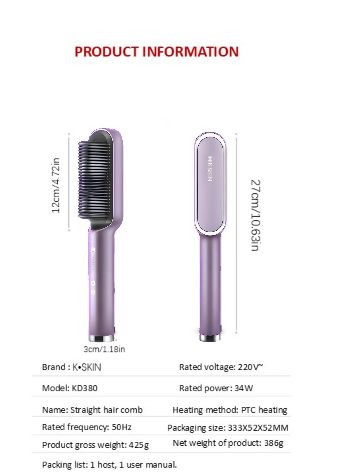 Hair Straightener Or curly  hair Brush With Tempreature Control dual-use comb, PTC ceramic heating, 30 second rapid heating(Purple)