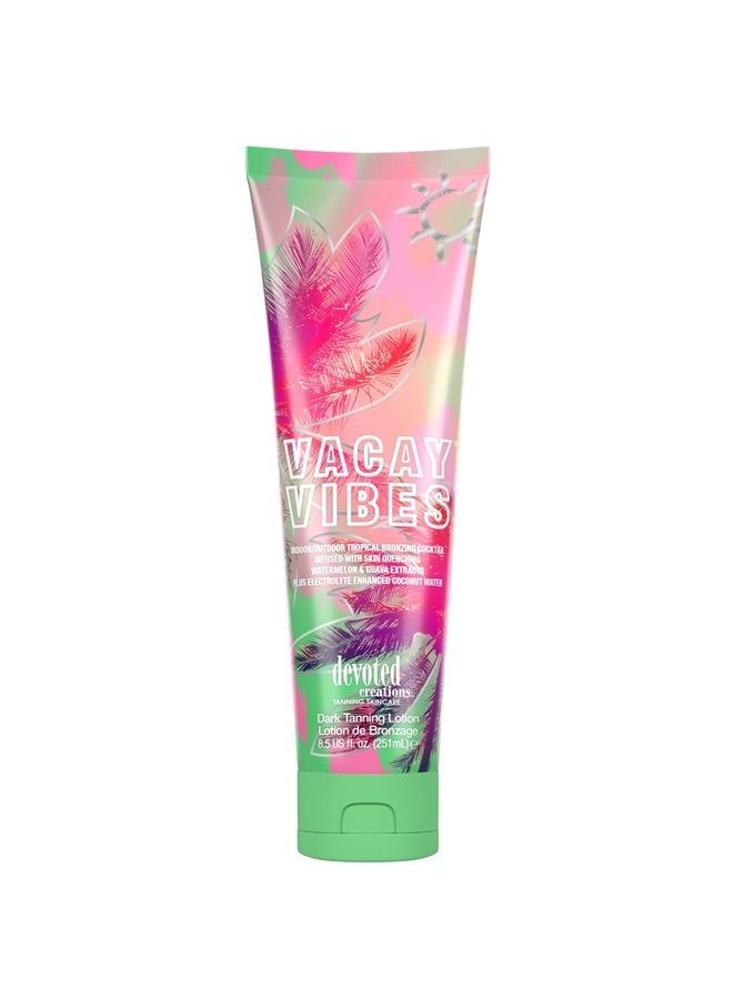 Vacay Vibes Tanning Lotion – Indoor/Outdoor Tropical Bronzing Cocktail Infused with Skin Quenching Watermelon and Guava Extracts, plus Electrolyte Enhanced Coconut Water – 8.5 oz.