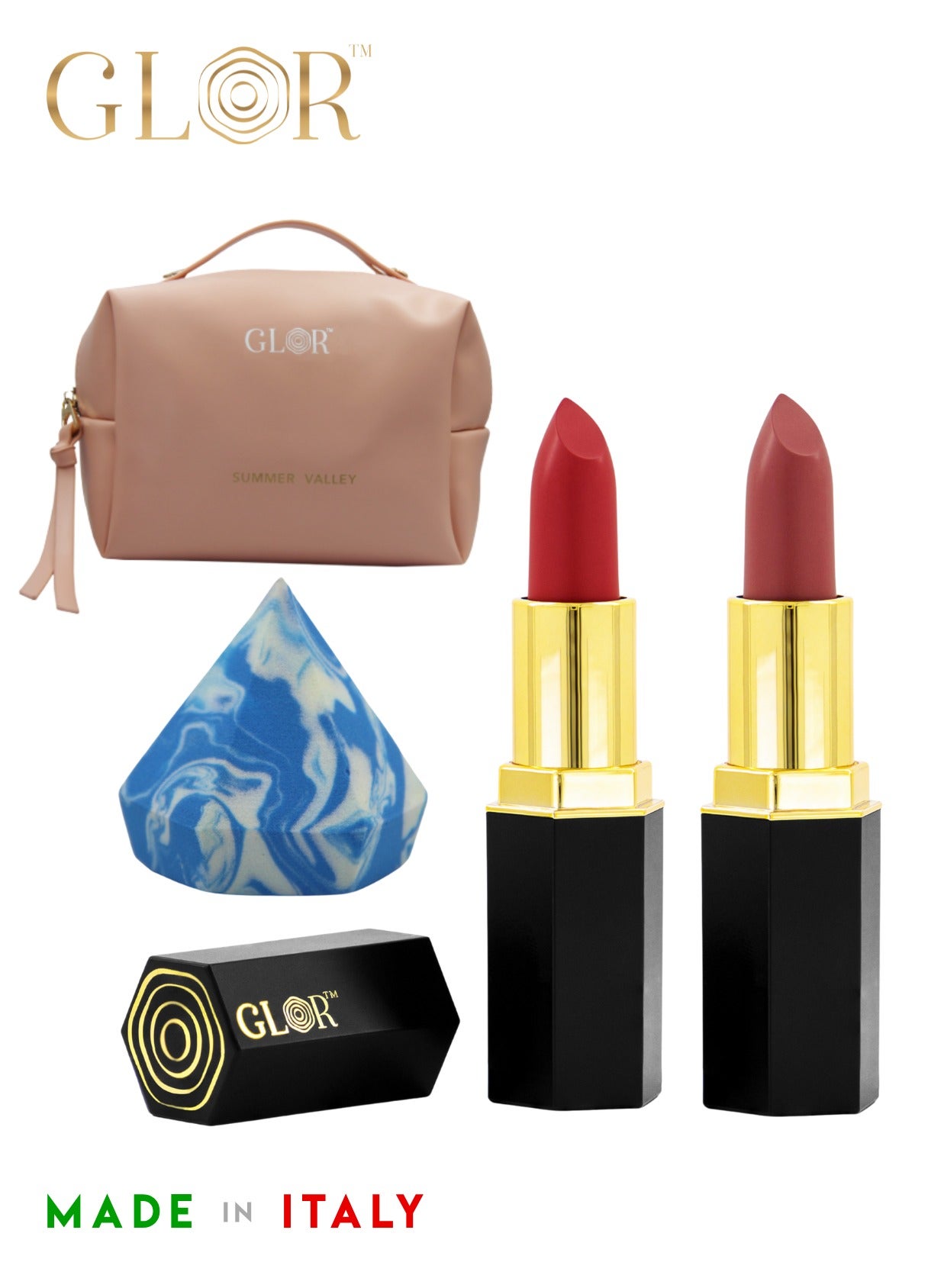 Glor Endless Charm Lipstick– Intense Long-Lasting Color, Luxurious Moisture, Ultra-Creamy Formula for Beautiful Lips-Raspberry Range + Voila + 1 Beauty Blender + 1 Cosmetic Bag