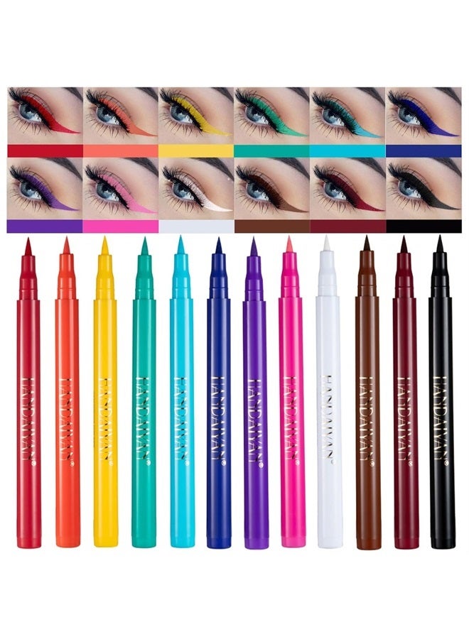 12 Colors Matte Liquid Eyeliner Set Rainbow Colorful Neon Eyeliner Pencil Pigmented Waterproof Smudgeproof Long Lasting Gel White Eye Liner Pen Christmas Halloween Makeup Gift Kit for Women