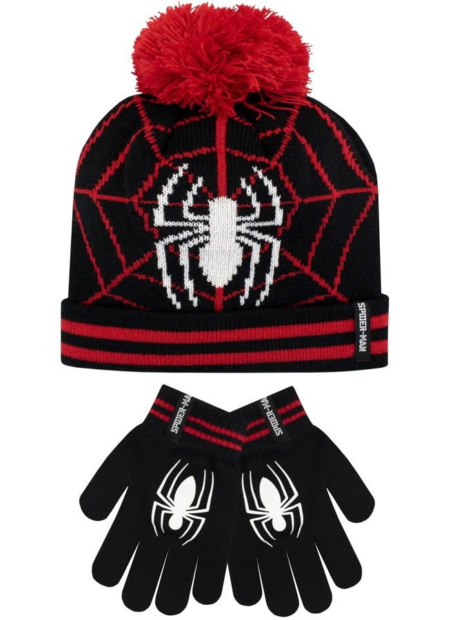 Kids Winter Hat and Gloves Set Spiderman Black One Size