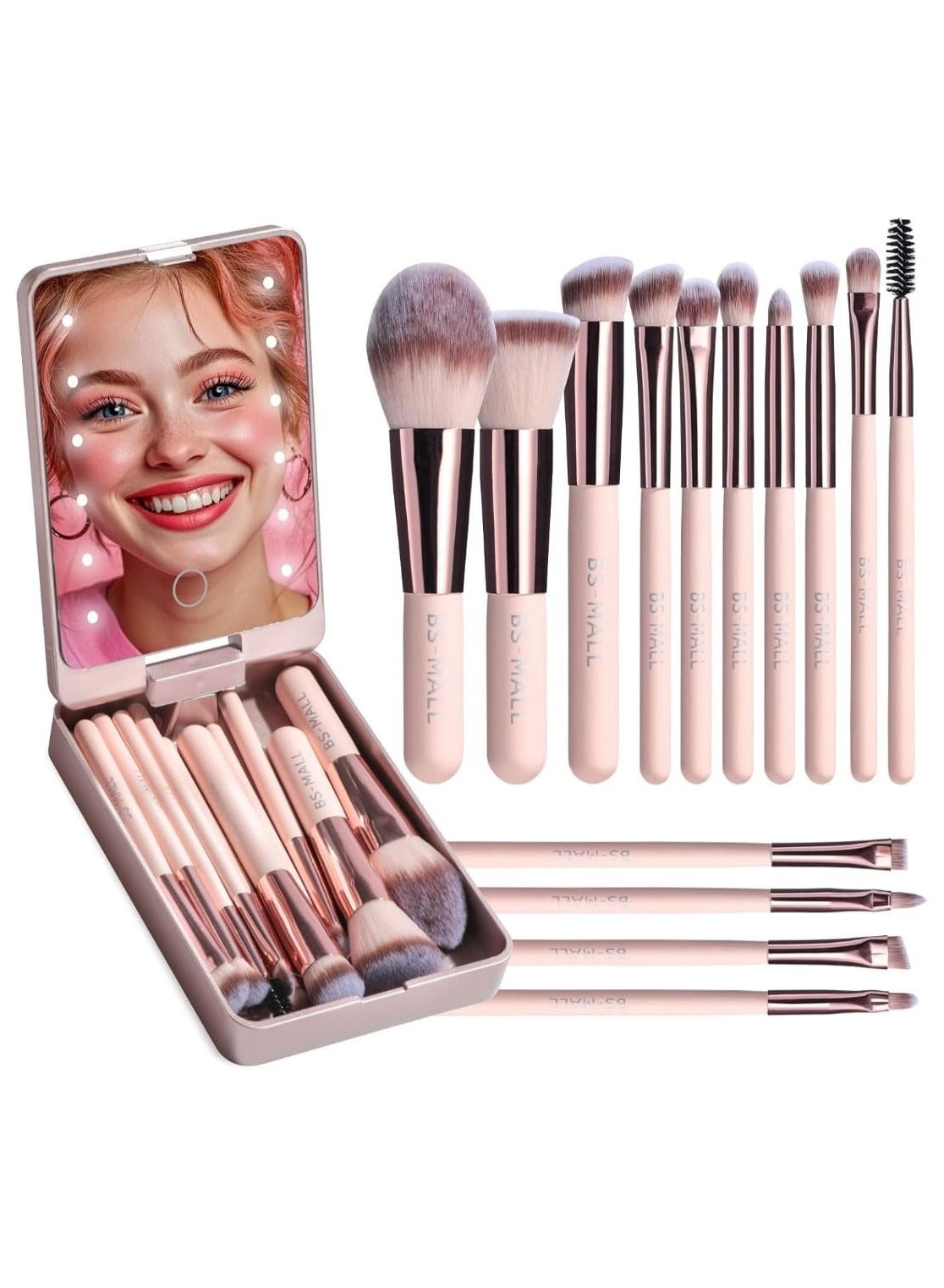 14 PCS KIT Portable Travel Makeup Brushes with LED Mirror Case, Foundation Powder Concealers Eye Shadows, Professional Makeup Brushes Set, Portable Blush and Highlighter Brushes For All skin Types, Pink Color