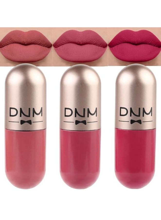 3Pcs Mini Pills Liquid Matte Lipstick Capsule Set for Women Warm pink Nude brown Deep cranberry Lip stick Stain Long Lasting Waterproof mate color 08