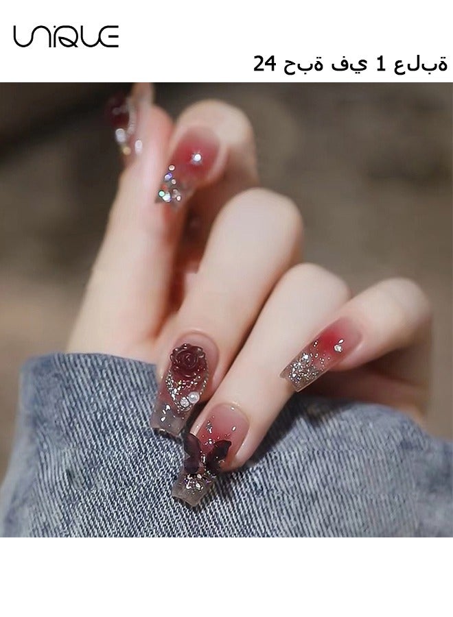 24Pcs Fake Nails, Press Nails, Mid-length Ballet Manicure - Dark Style Butterfly Camellia Manicure - Blush Pearl Manicure - Fake Nail Patch