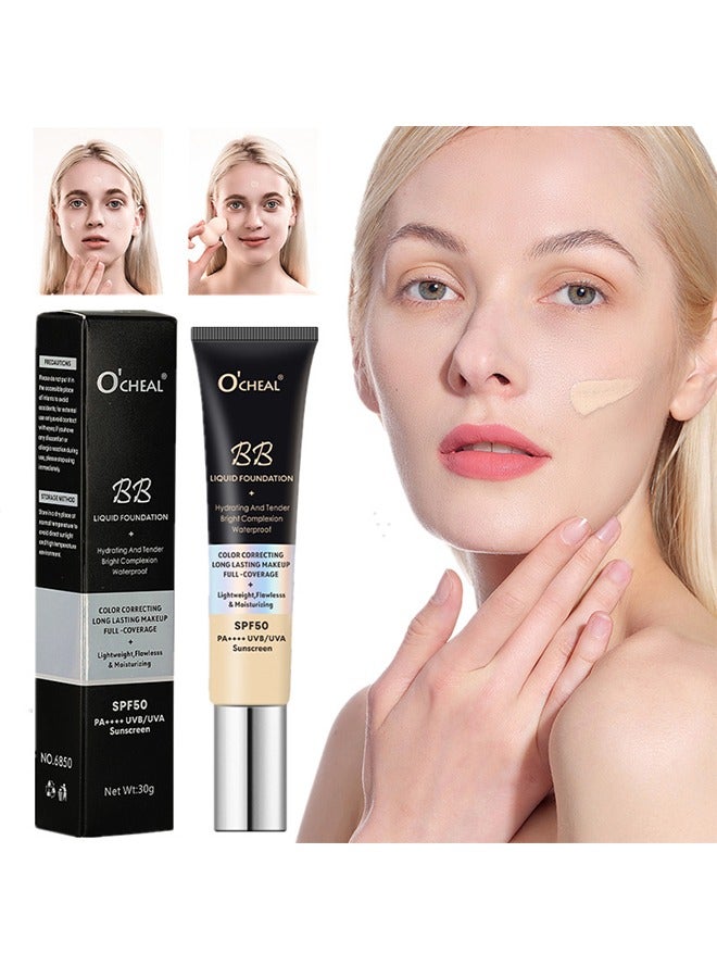 BB Liquid Foundation Color Correcting Long Lasting Maseup Full Coverage Lightweight, Flowlesss&Moisturizing Instant Age Rewind Perfector BB Cream Sunscreen SPF50(01#Ivory)
