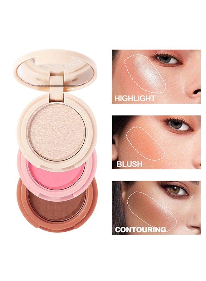 Glow Up-3 In 1 Highlight+Blush+Contour，Powder Cheek For Face Blush Bronzer Palette Long-Lasting, Ultra-Thin, Natural And Bright Color Cushion Applicator Blendable Natural Makeup Face Blush #01