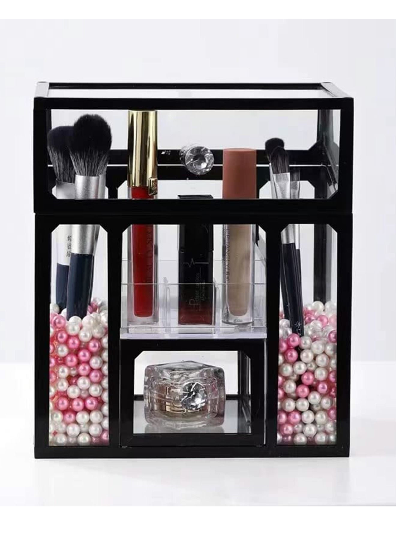 Makeup Organizer Box Brush Holder Glass Storage Cosmetic for Jewelry Decoration(Black)