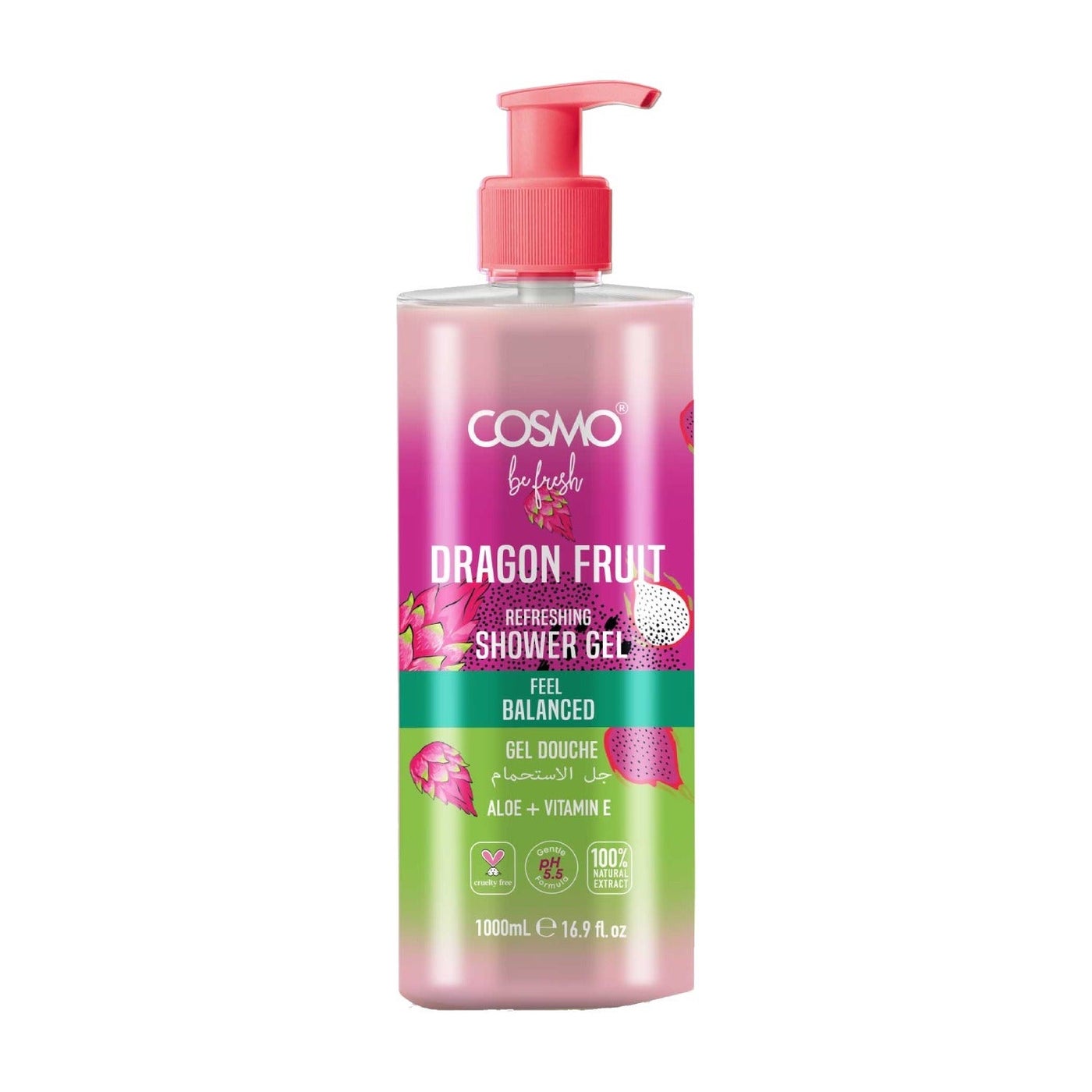 Cosmo Be Fresh Dragon Fruit Shower Gel with Aloe & Vitamin E 1000ml, Tropical Hydrating Body Wash, Fruity Fragrance Cleanser for Soft, Feel Balanced & Refreshed Skin, Daily Use for Men & Women