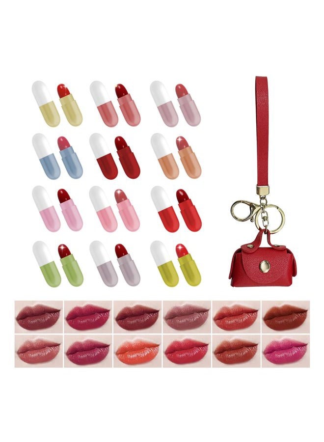 12 Pill Lipstick with 1 Cute Mini Red Leather Bag Key-chain Pouch - Mini Lipstick Velvet Matte, Smooth and Moisturizing Pill Lipsticks, Long-Lasting, Portable and Charming Look All Day Long