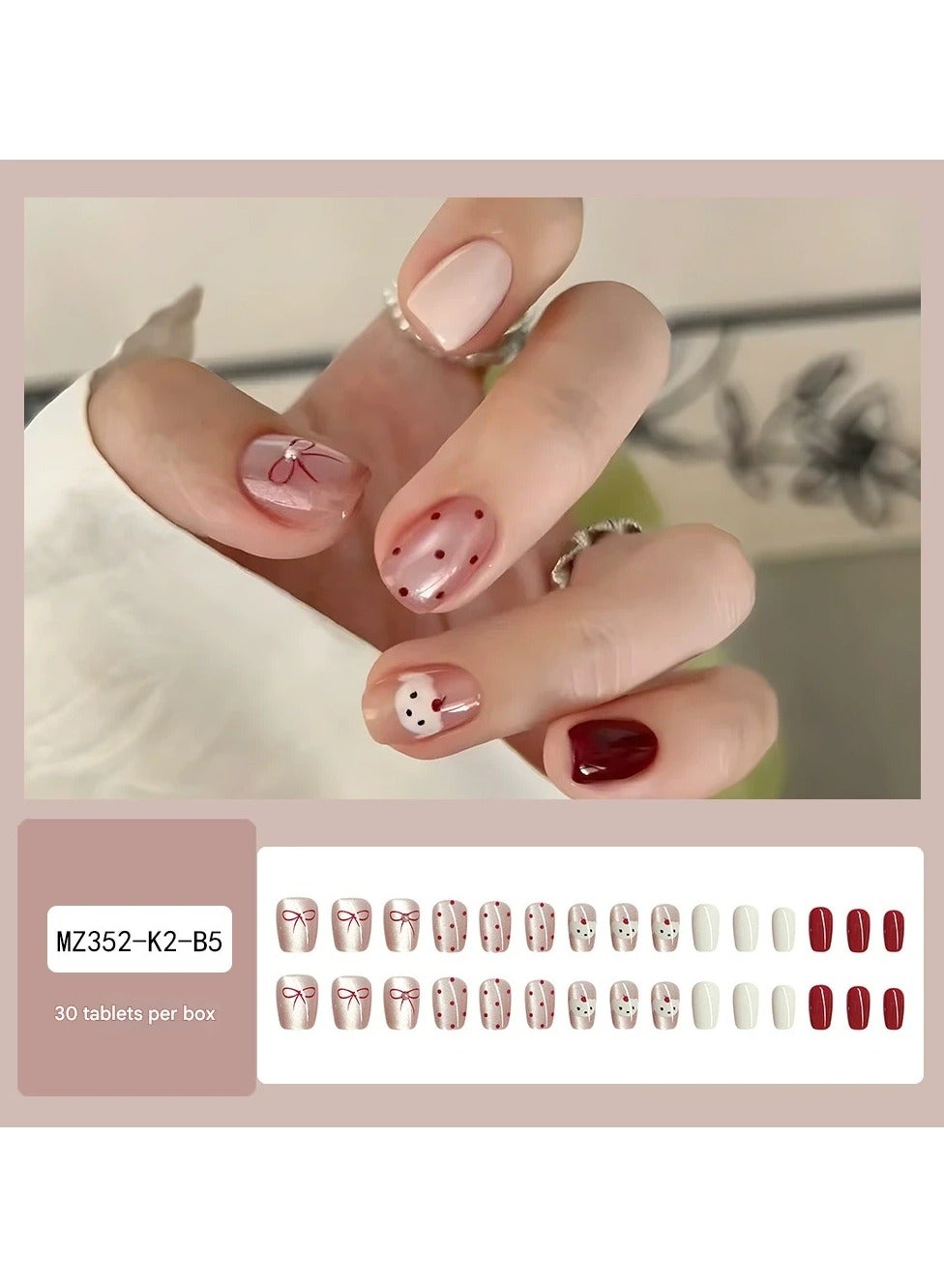 Bow Rhinestone Press On Nails – Cute Polka Dot Dog Design Cat Eye Nail Tips 30pcs Fake Nails, Sweet Style