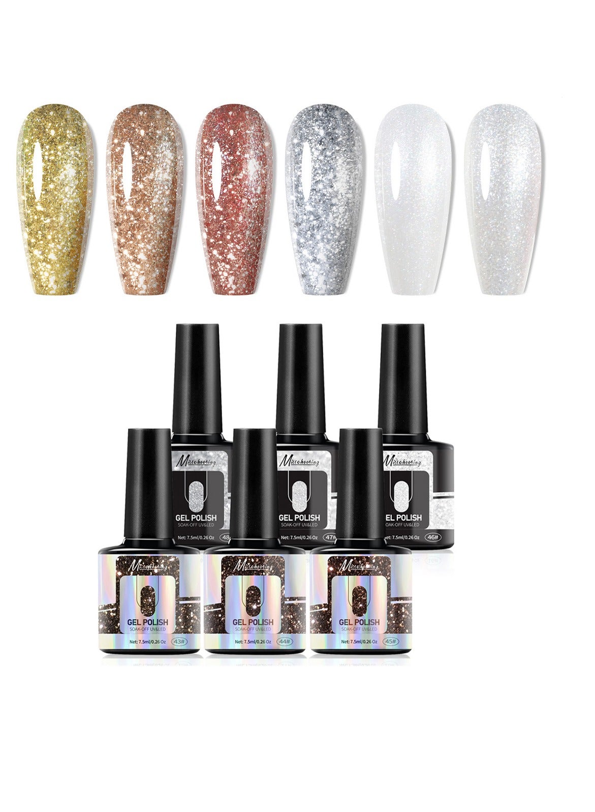 Gel Nail Polish Set, Glitter Color UV LED Gel Nail Kits Gel Polish Kit Soak Off  Nail Art Design Decoration Gift for Girls Women Home DIY 6Pcs