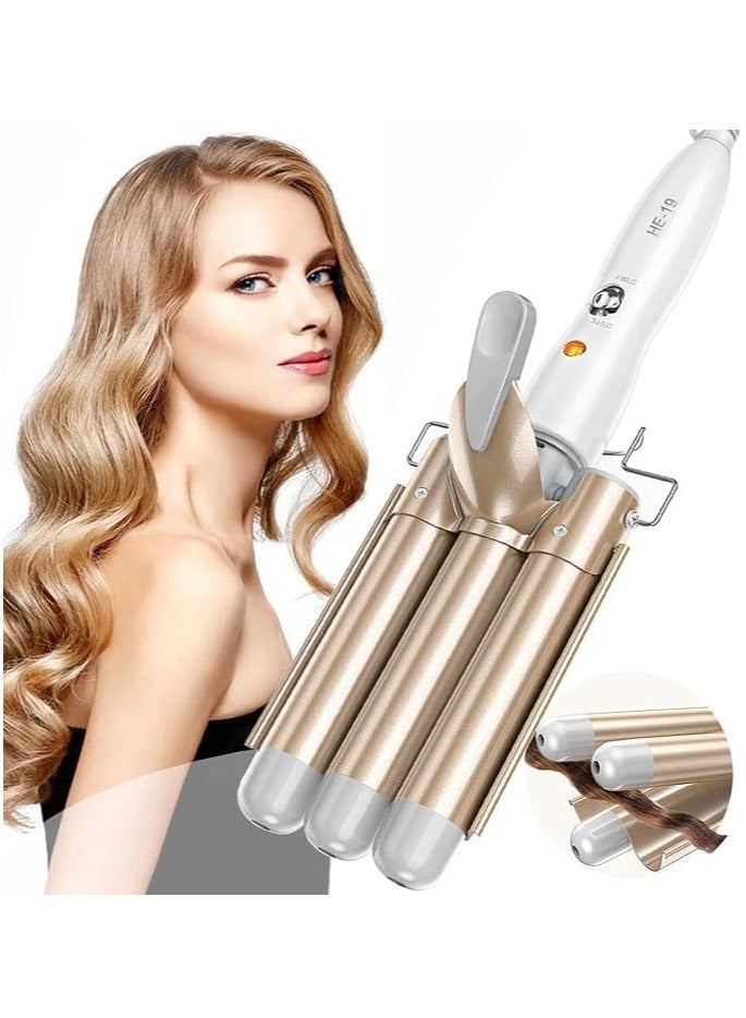 3 Barrel Hair Waver, 25mm Ceramic Tourmaline Curling Iron, Dual Temperature Control, Gold – Professional Hair Styling Tool for Long-Lasting Waves and Curls