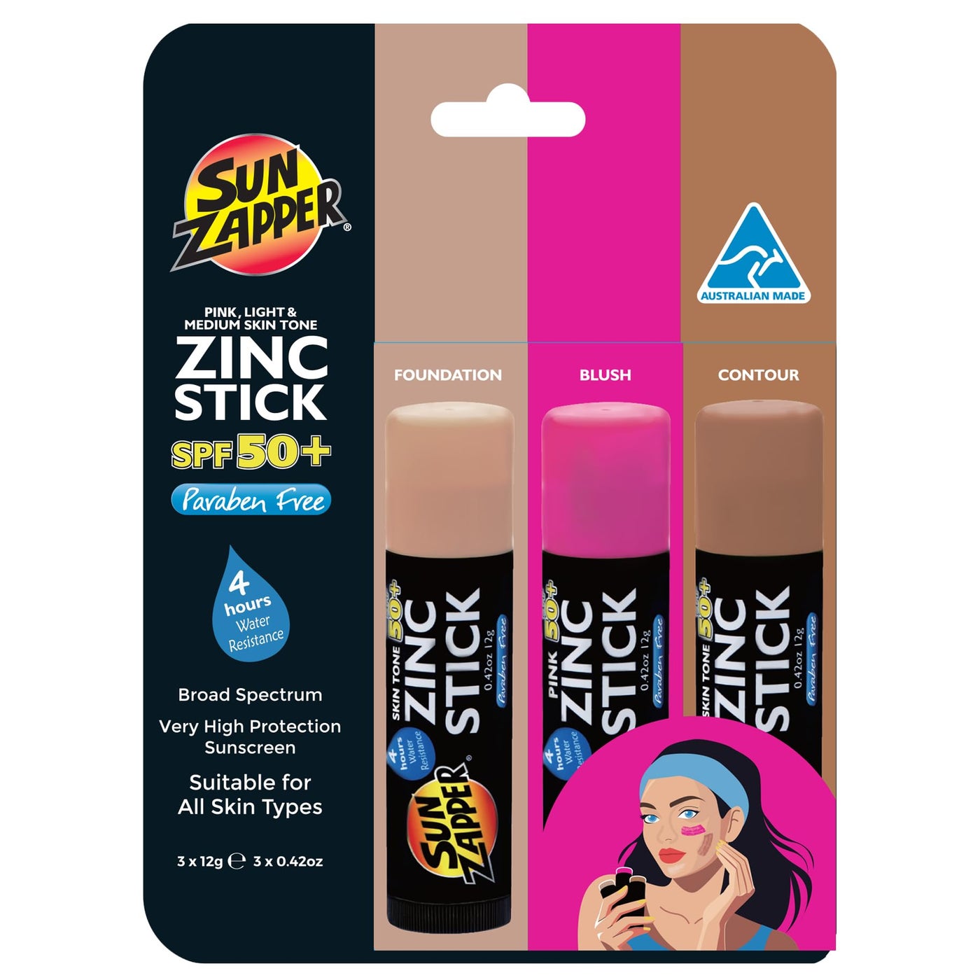 Sun Zapper Zinc Oxide Sunscreen Stick â€“ SPF 50+ Tinted 3-Pack (Light, Dark, Pink) â€“ Sunscreen Stick, SPF Makeup, Sunscreen Makeup, SPF Blush, Sunscreen Blush â€“ Water Resistant, Made in Australia