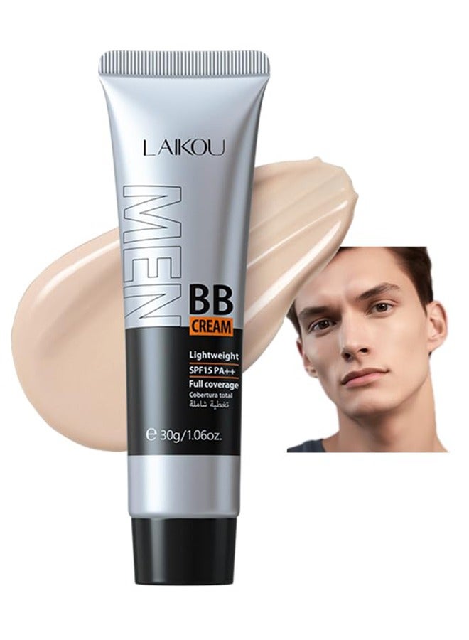 Men BB Cream SPF 15 PA++, Full-Coverage Foundation & Concealer, Mens Face Moisturizer Cream Evens Skin Tone, Oil Control and Cover Flaws, Natural Finish for All Skin Types, Light 160