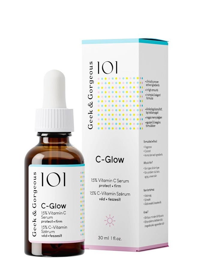 C-Glow - 15% Vitamin C + Ferulic acid & Vitamin E Serum, protects against environmental damage, boosts collagen & evens skin tone - all skin types, 1 oz