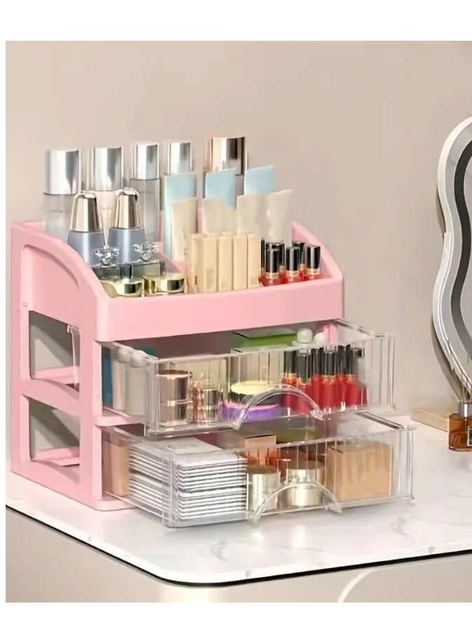 Makeup Organizer For Vanity, Large Capacity Desk Storage Box With Drawer For Dresser, Bathroom & Countertop, Great Holder For Cosmetics, Perfume, Skincare Toiletries - Pink
