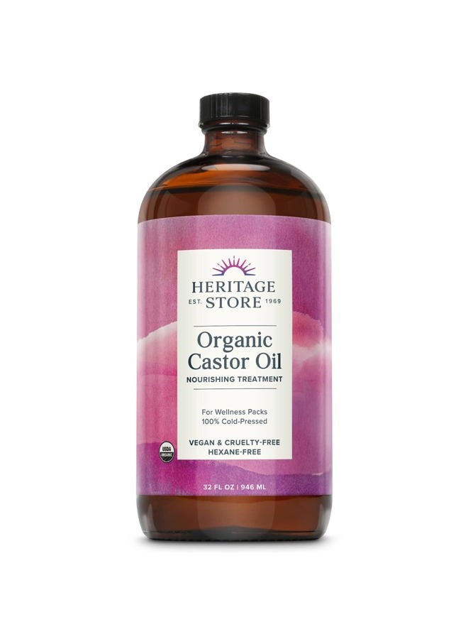 Organic Castor Oil - Glass Bottle - Nourishing Treatment for Hair and Skin - Hair Oil, Eyelash Serum for Eyelashes, Brows, Castor Oil Packs - Cold Pressed, Hexane Free, Vegan 32oz