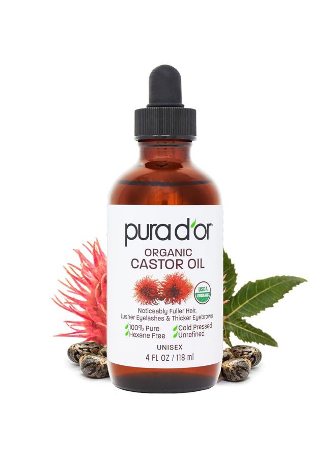 4 Oz ORGANIC Castor Oil - 100% Pure USDA Certified Cold Pressed, Hexane Free Eyelash & Eyebrow Serum - For Fuller, Thicker Lashes & Brows - Skin & Hair