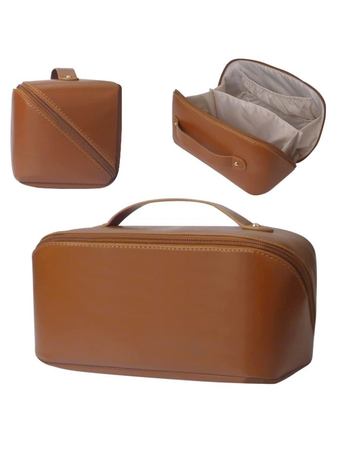 Large Capacity Travel Cosmetic Bag, Waterproof Open Flat Travel Make up Bag Portable PU Leather Everything Cosmetics Bag Brown