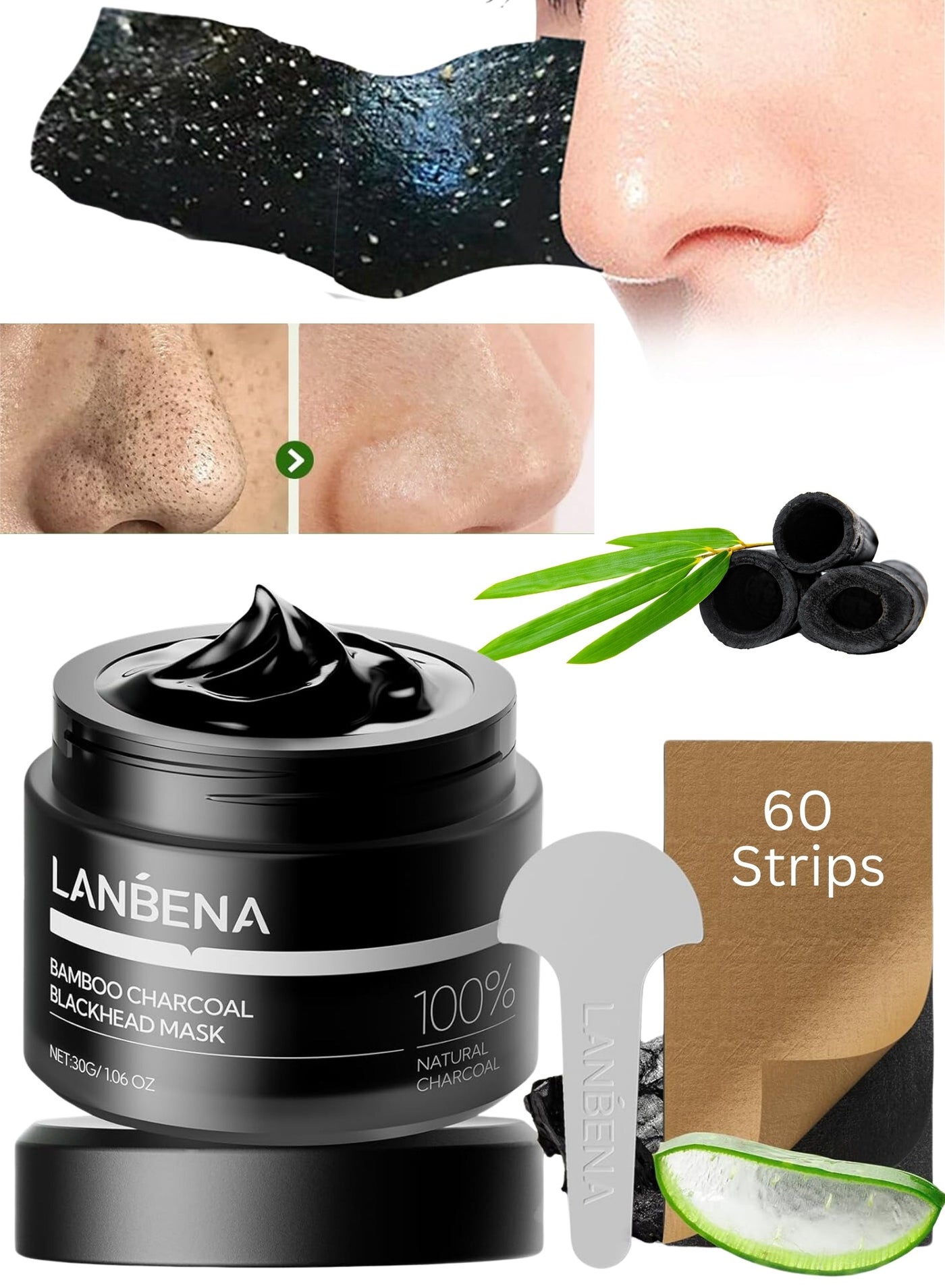 Bamboo Charcoal Blackhead Mask,Charcoal Nose Plant Pore Strips,Blackhead Remover Mask for Blackheads, Dirts, Whiteheads, Oil,Face Pore Purifying Cleansing Mask with 60 Pcs Nose Strips, Peel off Mask 30g