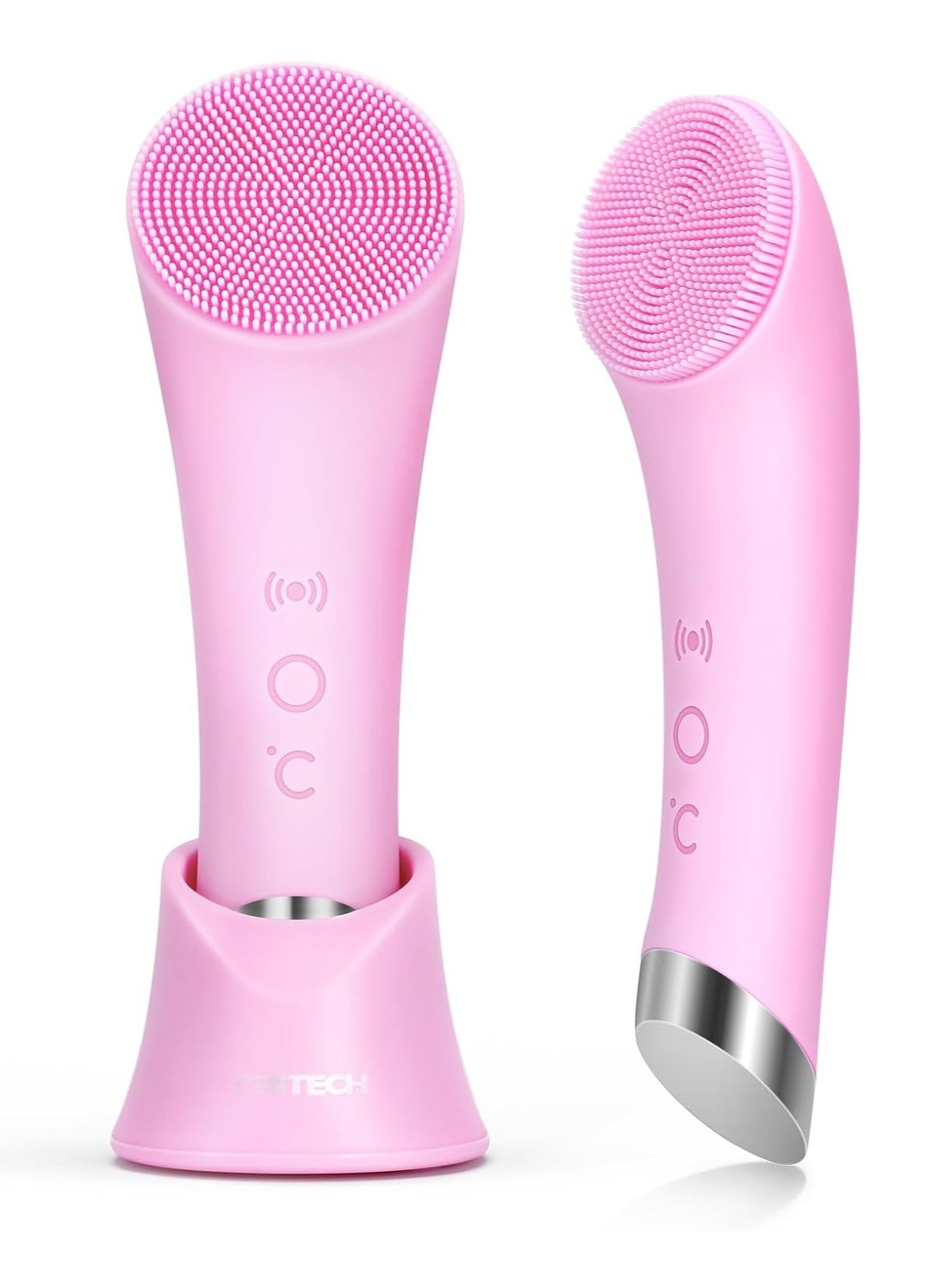 PRITECH Facial Cleansing Brush, Rechargeable Silicone Face Scrubber with Heat Massage End, Vibrating Exfoliator Scrubber for Deep Cleaning, Waterproof Face Brush for Women and Men (Pink)
