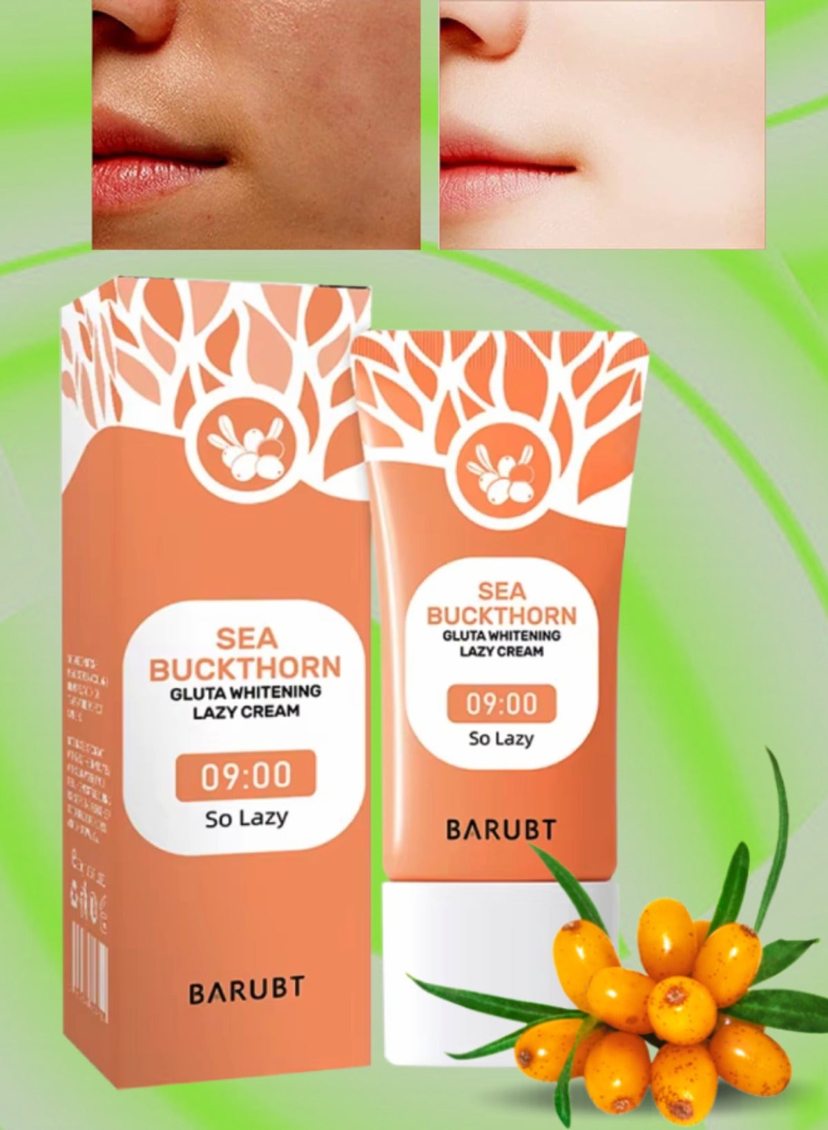 Sea Buckthorn Gluta Whitening Lazy Cream 30G Brighten Cover Blemishes Refreshing Non Sticky Brightening Lazy Cream Brighter and Whiter Face and Skin Gel Anti Aging Dark Spot Remover Moisturizer Tone Up Cream
