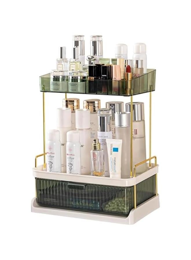 2-Tier Skincare Storage Rack, Bathroom Counter Organizer, Large Skin care Organizer with Drawers for Vanity,Makeup Countertop Organizer Perfume Tray for Cosmetics (Dark Green)