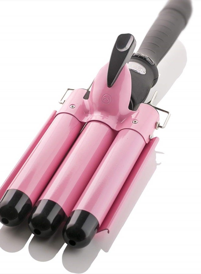 Three Barrel Curling Iron Wand with LCD Temperature Display - 1 Inch Ceramic Tourmaline Triple Barrels, Dual Voltage Crimp (Pink)