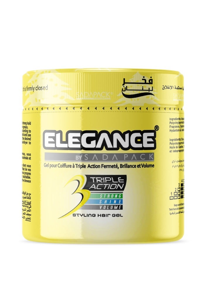 Elegance Triple Action Hair Gel - Yellow, 250ml | Strong Hold, Glossy Finish, Flexible Styling