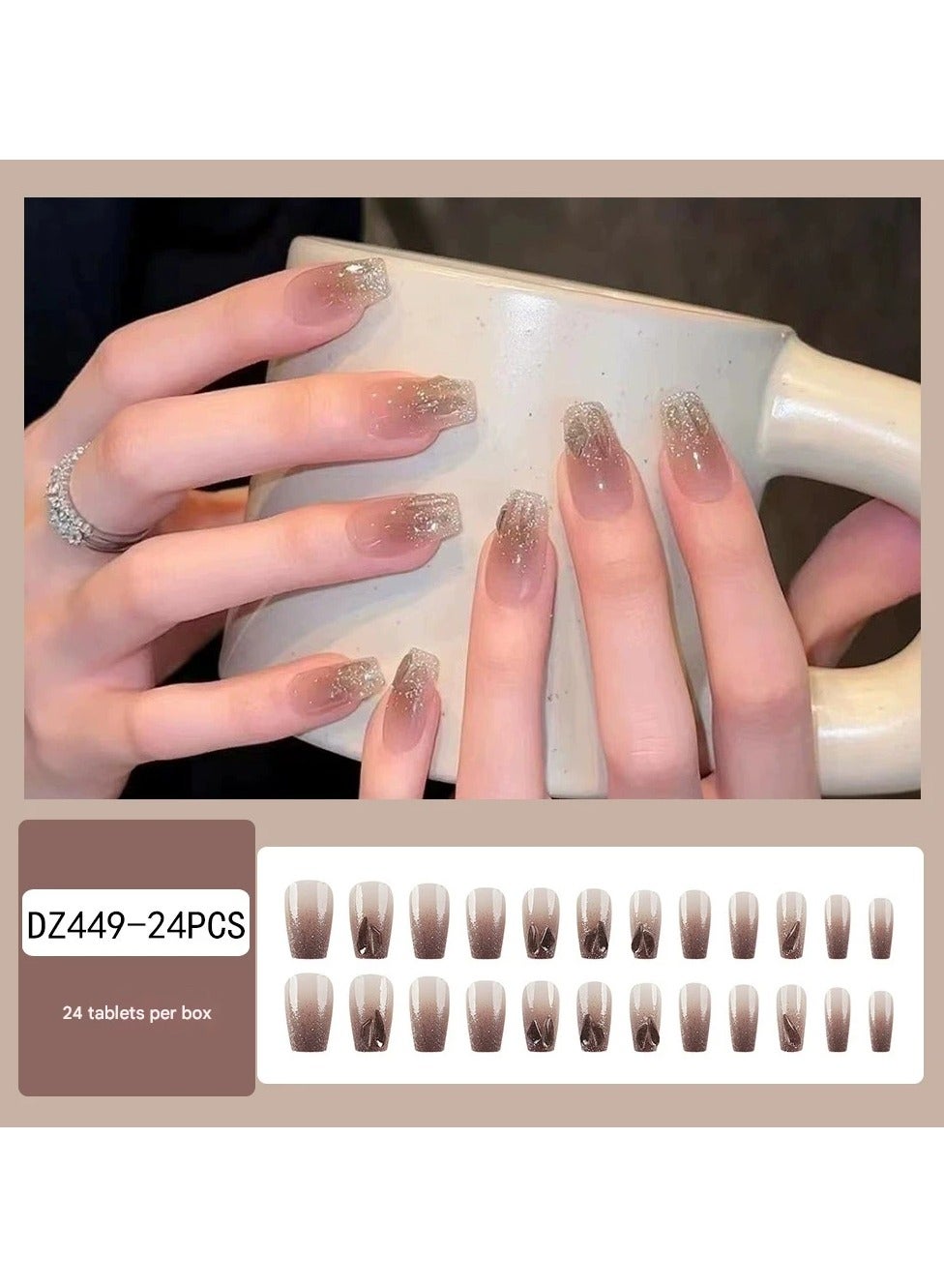 Starlight Lover Press On Nails – Medium Long and Short Coffin Fake Nails Elegant Brightening Nail Set, Reusable