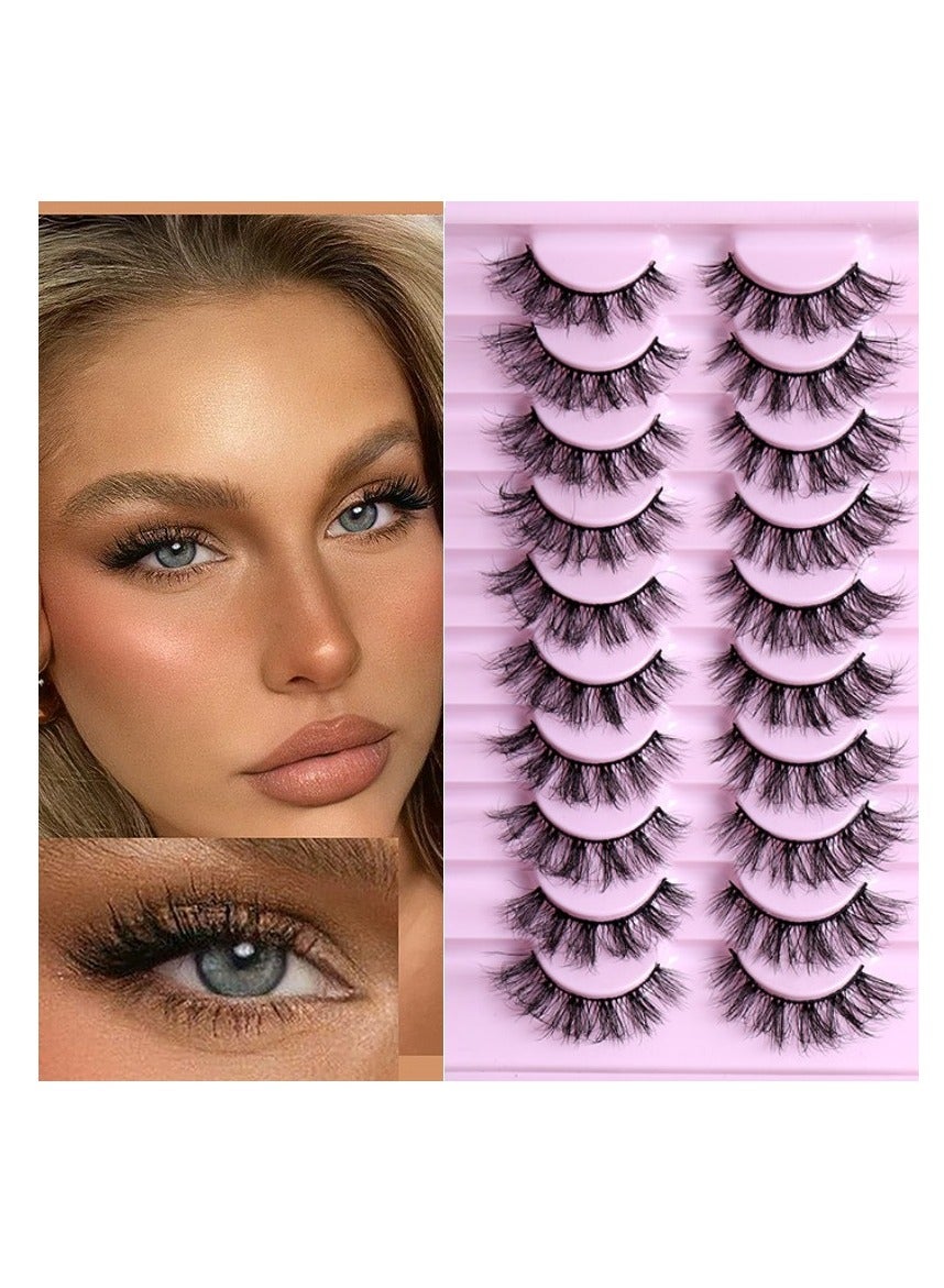 10 Pack Natural False Eyelashes Mink Eyelashes Thin Multi-layer Eyelashes Reusable Self-adhesive Eyelashes Fluffy Pack 8D Strips Short Curl False Eyelashes